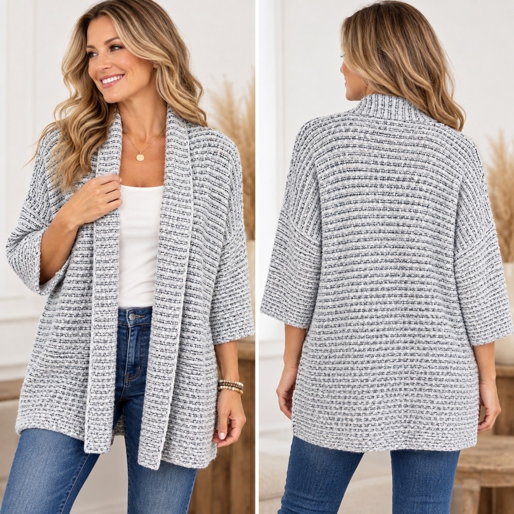 Knox Rose Medium Gray White Textured Boucle Open Front Shawl Collar Cardigan